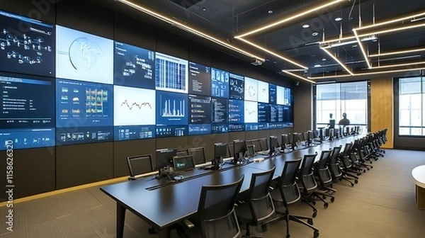 Fototapeta Modern Control Room with Large Video Wall Displaying Data Analytics
