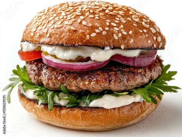 Fototapeta A delicious hamburger with a juicy beef patty, fresh arugula, red onion, tomato, and creamy sauce, all sandwiched between a sesame seed bun.