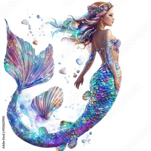 Fototapeta A girl in a mermaid outfit, with a shiny tail and seashells. vector style art 3d illustration Isolated on White Background