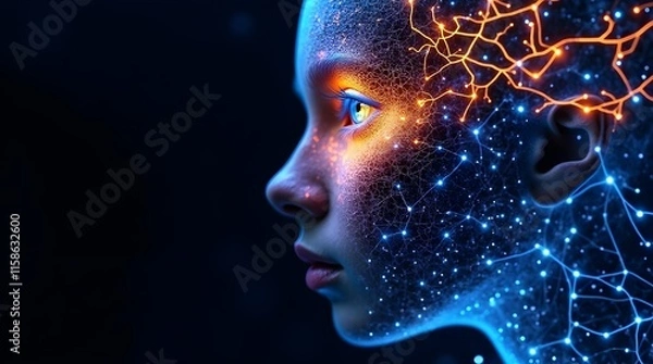 Fototapeta Face representing artificial intelligence and human interaction depicted with glowing neural networks and intricate circuitry.
