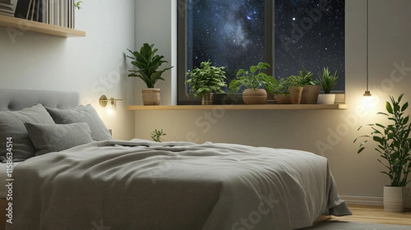 Fototapeta A serene bedroom with natural elements and a starry window view, symbolizing restful and healthy sleep habits.