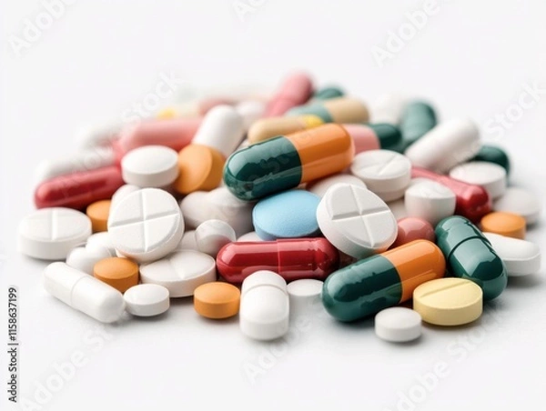 Obraz A collection of various colored capsules and tablets scattered on a white background, showcasing diversity in pharmaceutical forms.