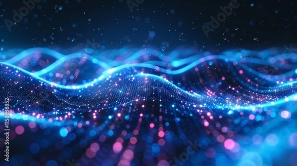 Fototapeta Vibrant waves of blue and pink light create a mesmerizing abstract digital landscape