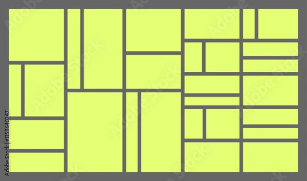 Obraz Dimensions 16x9 trendy bento grid layout style brick Ui UX templates. Web comic grids with right angles. Different panel layouts with y2k and brutal shapes tiles of different sizes Vector illustration