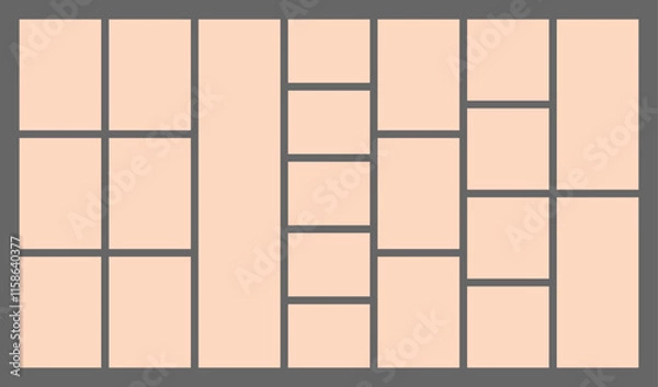 Obraz Dimensions 16x9 trendy bento grid layout style brick Ui UX templates. Web comic grids with right angles. Different panel layouts with y2k and brutal shapes tiles of different sizes Vector illustration