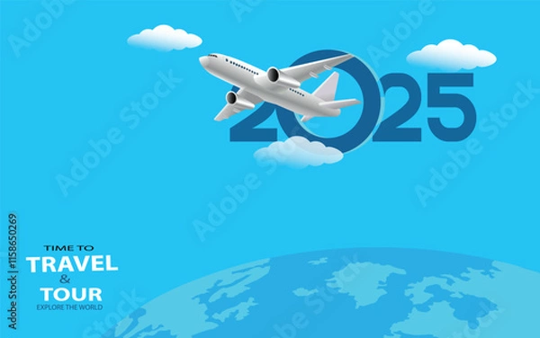 Fototapeta Time to travel concept. Travel and tour text with 2025 with airplane for flight travelling in 2025 year vacation. Vector i