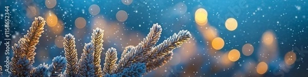 Fototapeta Capture the Magical Essence of Winter: Snowy Pine Branches in a Golden Bokeh Wonderland, Perfect for Holiday Greetings and Seasonal Decor.