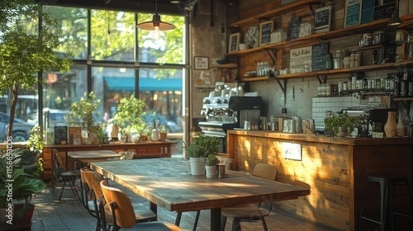 Obraz Sunny cafe interior with wooden furniture, plants, and espresso machine.