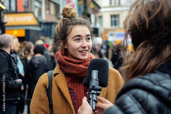 Obraz Journalist interviewing a local resident during a street event