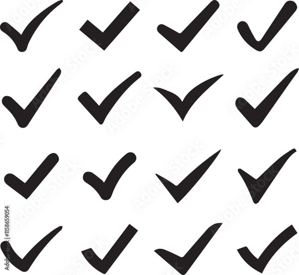 Fototapeta Check or tick icons. Big set of black check or tick icons for design. Check symbol isolated