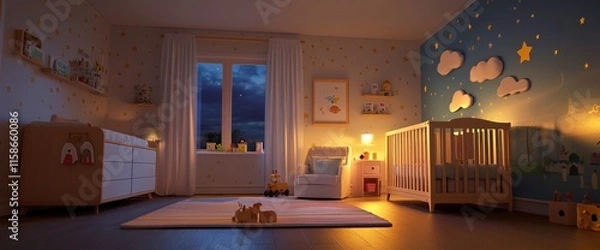 Obraz Cozy nighttime nursery with crib, changing table, toys, and star-themed decor.