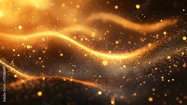 Fototapeta Abstract golden wave with glittering particles on dark background.