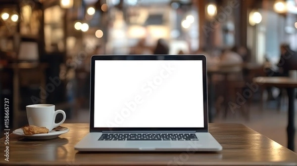 Fototapeta Laptop Coffee Pastry Cafe Table Setting