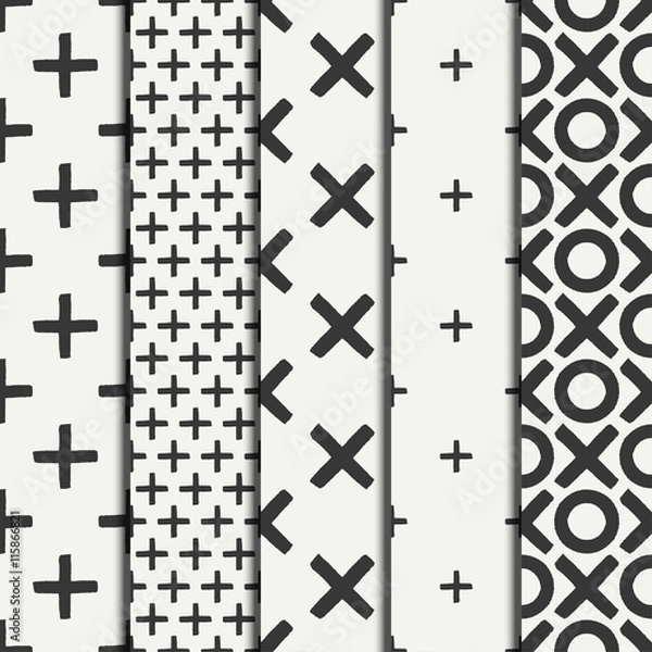 Fototapeta Set of hand drawn geometric seamless ink pattern brush strokes. Wrapping paper. Abstract vector background. Round brush strokes. Texture with crosses or pluses. Dry brush. Rough edges illustration.