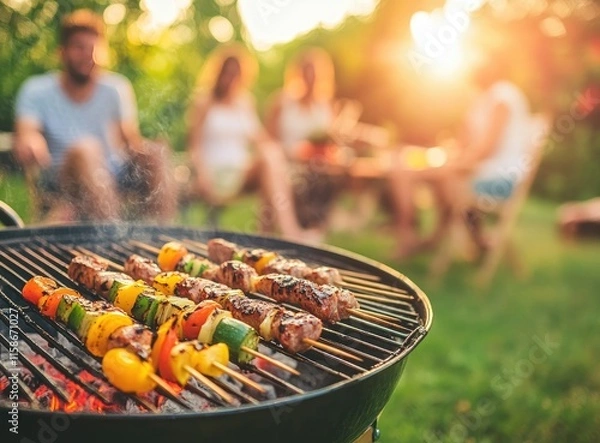 Fototapeta Enjoying a summer barbecue with friends while grilling colorful skewers in a lush backyard at sunset. Generative AI