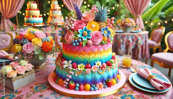 Fototapeta Multi-tier colorful cake topped with fresh fruits, flowers, and chocolate on an elegant stand	