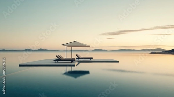 Fototapeta Tranquil sunset over calm ocean with two lounge chairs and umbrella on floating platform.