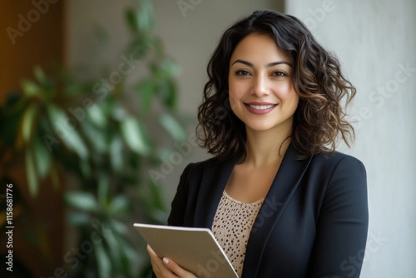 Fototapeta Happy Young Hispanic Businesswoman Using Tablet in Modern Office as Successful Leader and Career Dreamer






