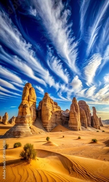 Fototapeta Golden desert sands and towering rock formations under a striking blue sky with dynamic clouds, ideal for nature wallpaper background designs