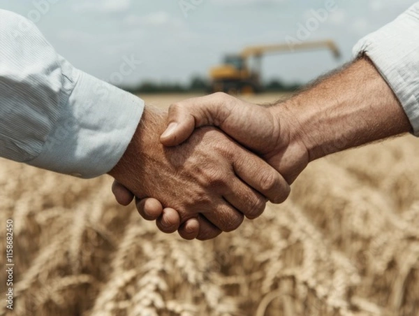 Obraz Two farmers shake hands warmly in front of a ripe wheat field, symbolizing partnership and collaboration. A harvester is visible in the background under clear skies.