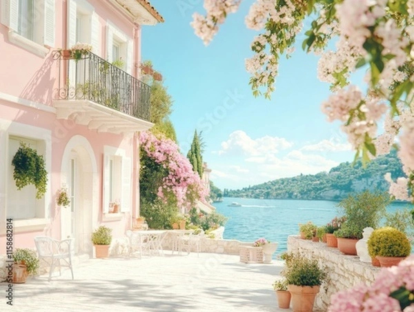 Obraz A serene seafront scene with blooming azalea flowers, featuring a pastel pink villa overlooking the calm turquoise waters of the French Riviera under a clear blue sky.