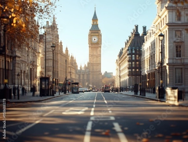 Fototapeta Big Ben in London, England, is beautifully captured on a clear day, showcasing the iconic clock tower amidst historic architecture and a peaceful street scene.