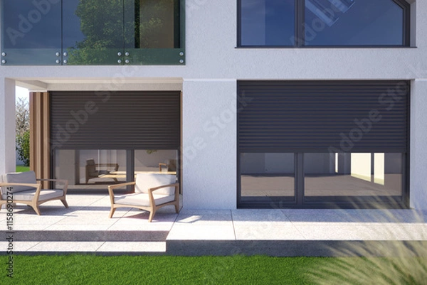 Fototapeta Front of a Modern Building with a Terrace View and Exterior Blinds