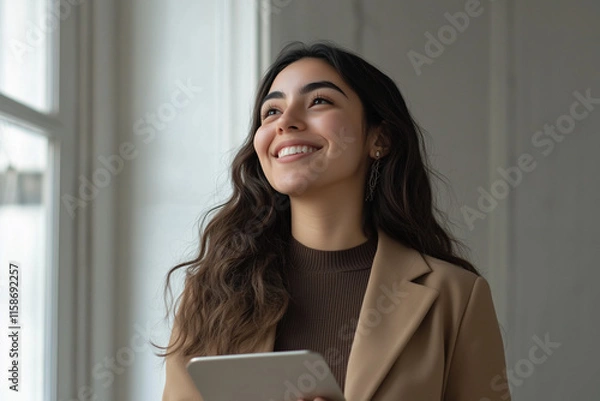 Fototapeta Happy Young Hispanic Businesswoman Using Tablet in Modern Office as Successful Leader and Career Dreamer






