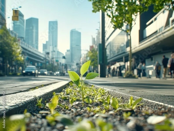 Obraz A vibrant green plant grows amidst an urban environment, symbolizing sustainability and the coexistence of nature and city life.