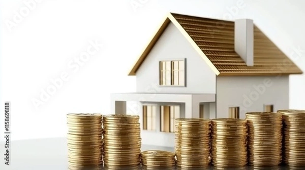 Fototapeta House and coin stack on white background illustrate rent cost management and home savings goals. Energy-efficient living, daily cost awareness, and AI-generated imagery for investment property dreams