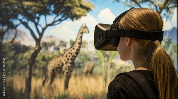 Obraz Young Girl Experiencing Virtual Reality with Giraffe Background