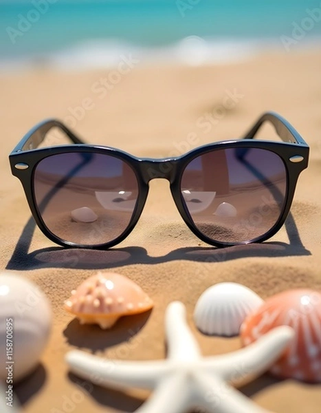Fototapeta Stylish Sunglasses Beach Scene Seashells Starfish Summer Vibe