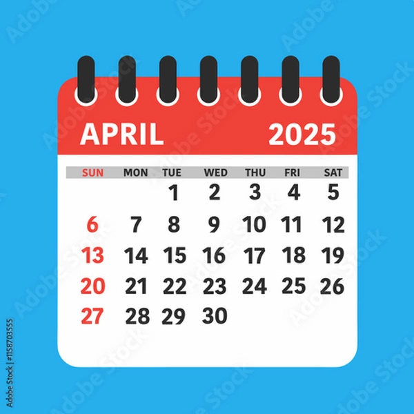 Fototapeta April 2025 Calendar Leaf. This flat-style calendar features a modern design showcasing the month of April 2025