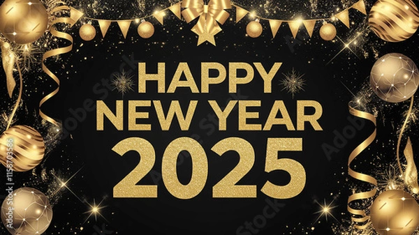 Fototapeta New Year 2025 invitation banner with gold text on a black background, adorned with Christmas balls, glitter, and gold streamers for a festive and elegant design.

