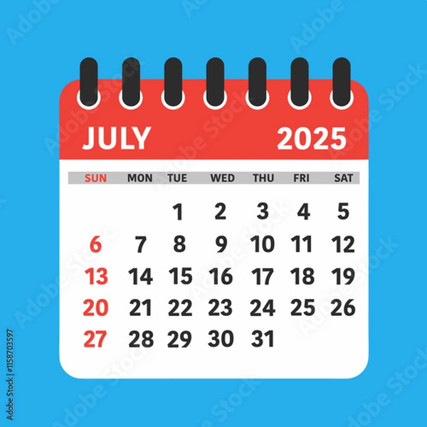 Fototapeta July 2025 Calendar Leaf. This flat-style calendar features a modern design showcasing the month of July 2025.