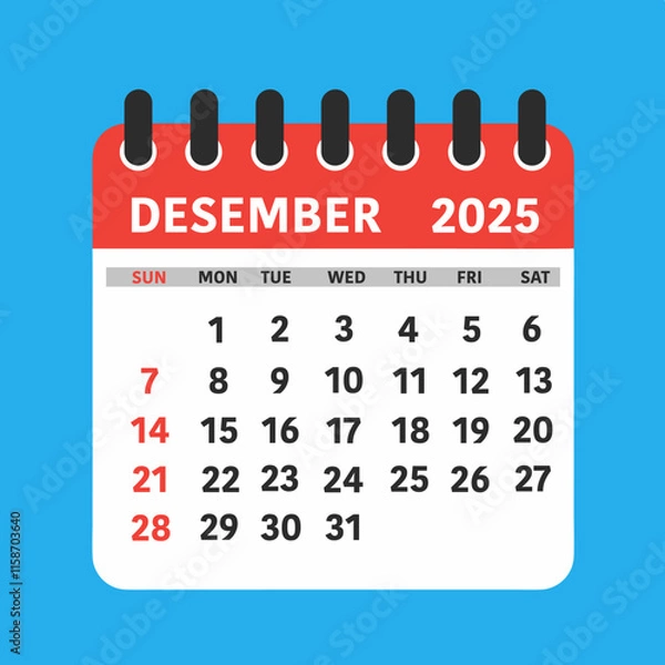 Fototapeta December 2025 Calendar Leaf. This flat-style calendar features a modern design showcasing the month of December 2025.