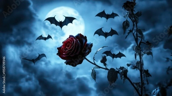Fototapeta Dark red rose under full moon with bats flying.