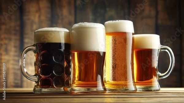 Obraz Four glassed of beer on wooden background