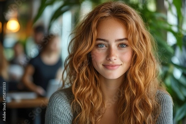 Fototapeta A woman with red hair and blue eyes is smiling at the camera. Generative AI