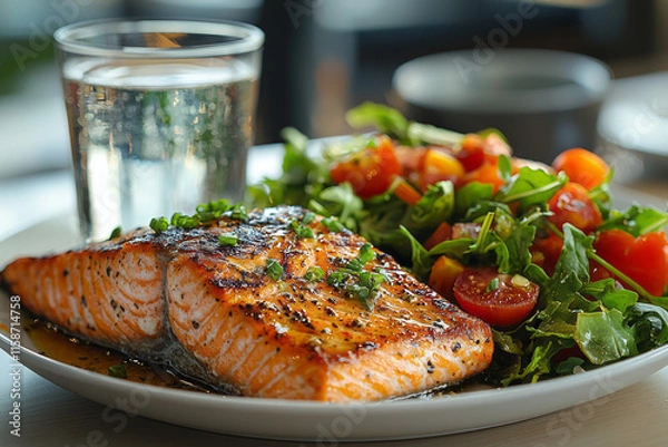Obraz A stylish business lunch set featuring a grilled salmon steak, a fresh green salad, and a glass of mineral water, elegantly arranged on a clean white background