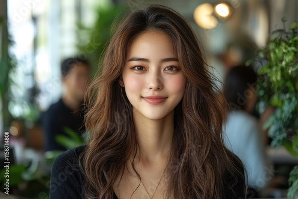 Fototapeta A woman with long brown hair and a necklace is smiling at the camera. Generative AI