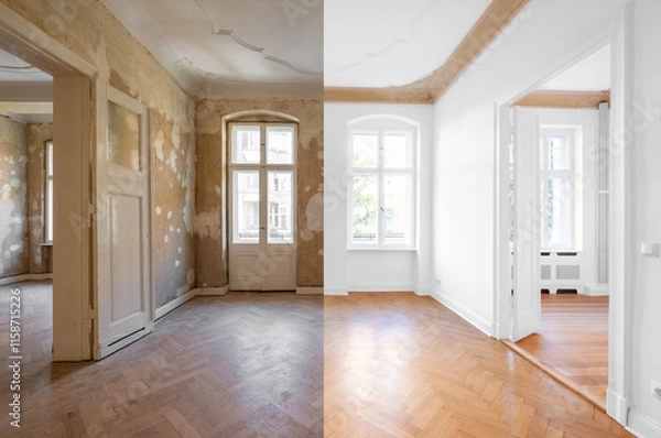 Fototapeta Room before renovation, empty flat interior in old building