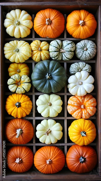 Fototapeta Autumn Gourds and Pumpkins in Wooden Crate, a Colorful Harvest Display of Various Fall Vegetables, Arranged Beautifully for Thanksgiving or Fall Decoration.