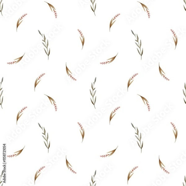 Fototapeta Watercolor seamless pattern with a cute pink sprig of flowers and green leaves isolated on white background.