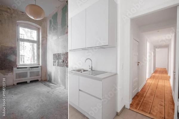 Obraz New kitchen before and after renovation - Home Improvement concept -