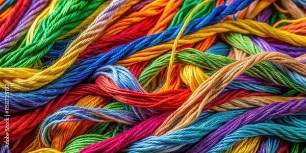 Fototapeta A bundle of threads is diagonally intertwined with other threads in a vibrant and colorful pattern , colored thread, yarn entanglement