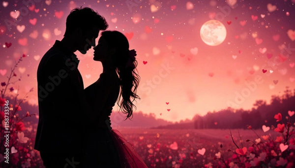 Fototapeta Romantic silhouette of a couple embracing against a pink sky with heart shapes and a full moon