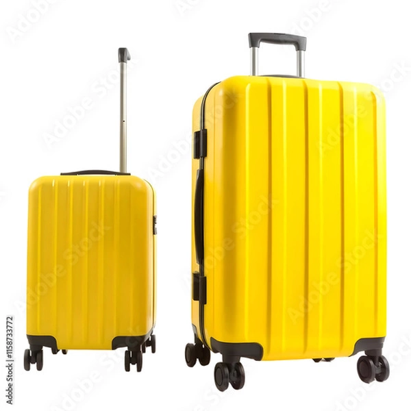Obraz  Bright yellow suitcases with black wheels and retractable handles stand side by side on a black background.