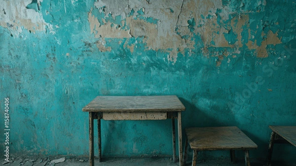 Fototapeta Poorly Maintained Classroom with Peeling Paint and Worn Furniture in School