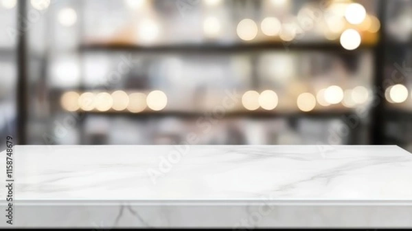 Fototapeta White Marble Countertop with Defocused Bokeh Background for Product Display
